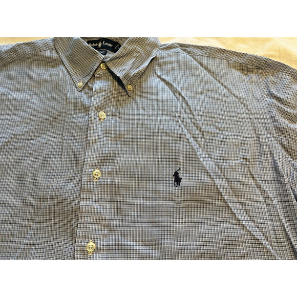 Ralph Lauren Yarmouth Blue/Black Gingham Check Blue Pony Button Up Shirt Size 17 - Picture 2 of 11
